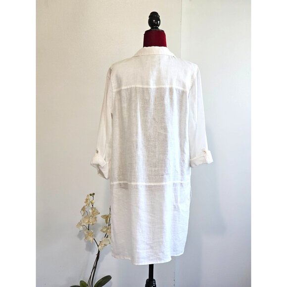 Tahari Women's White Linen Roll Tab Sleeve Collared Button-Front Top Sz L 2261 - Picture 7 of 12